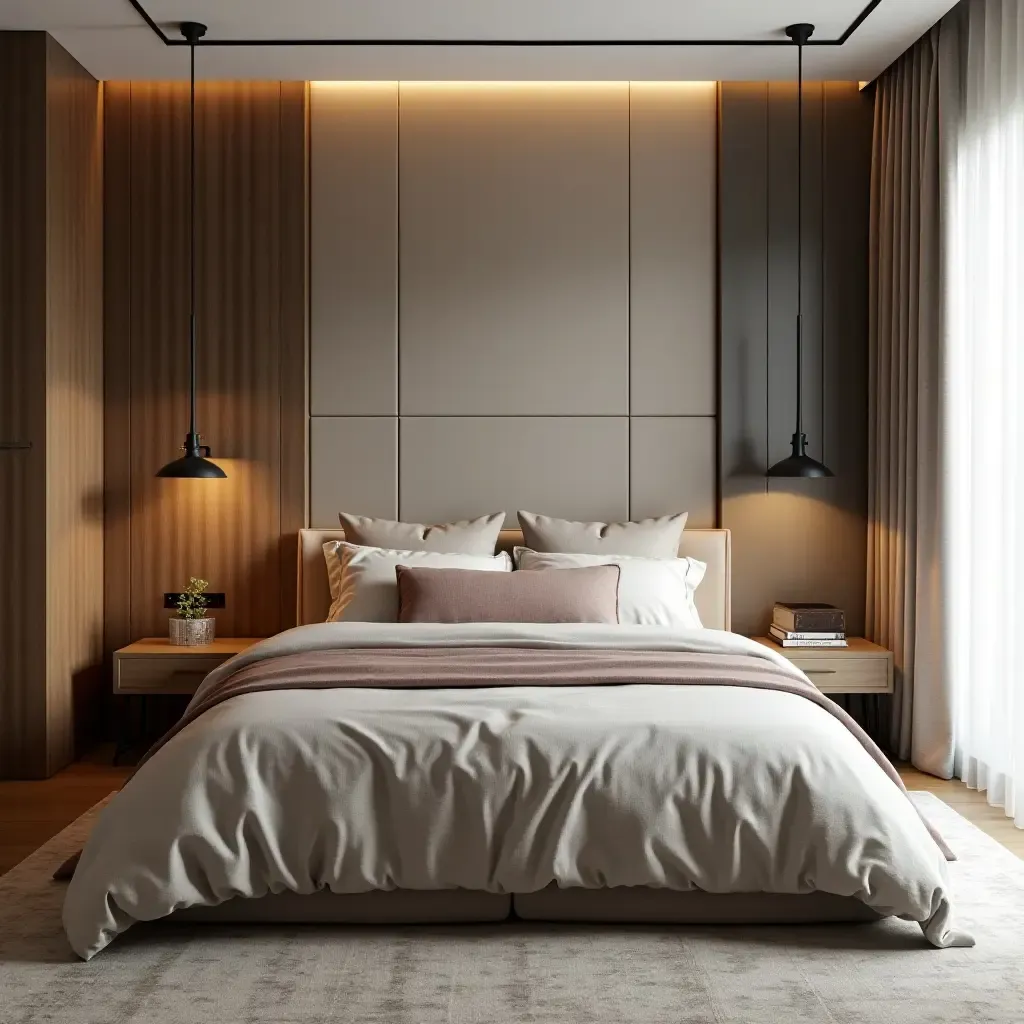 a photo of a stylish bedroom with a combination of textures and colors