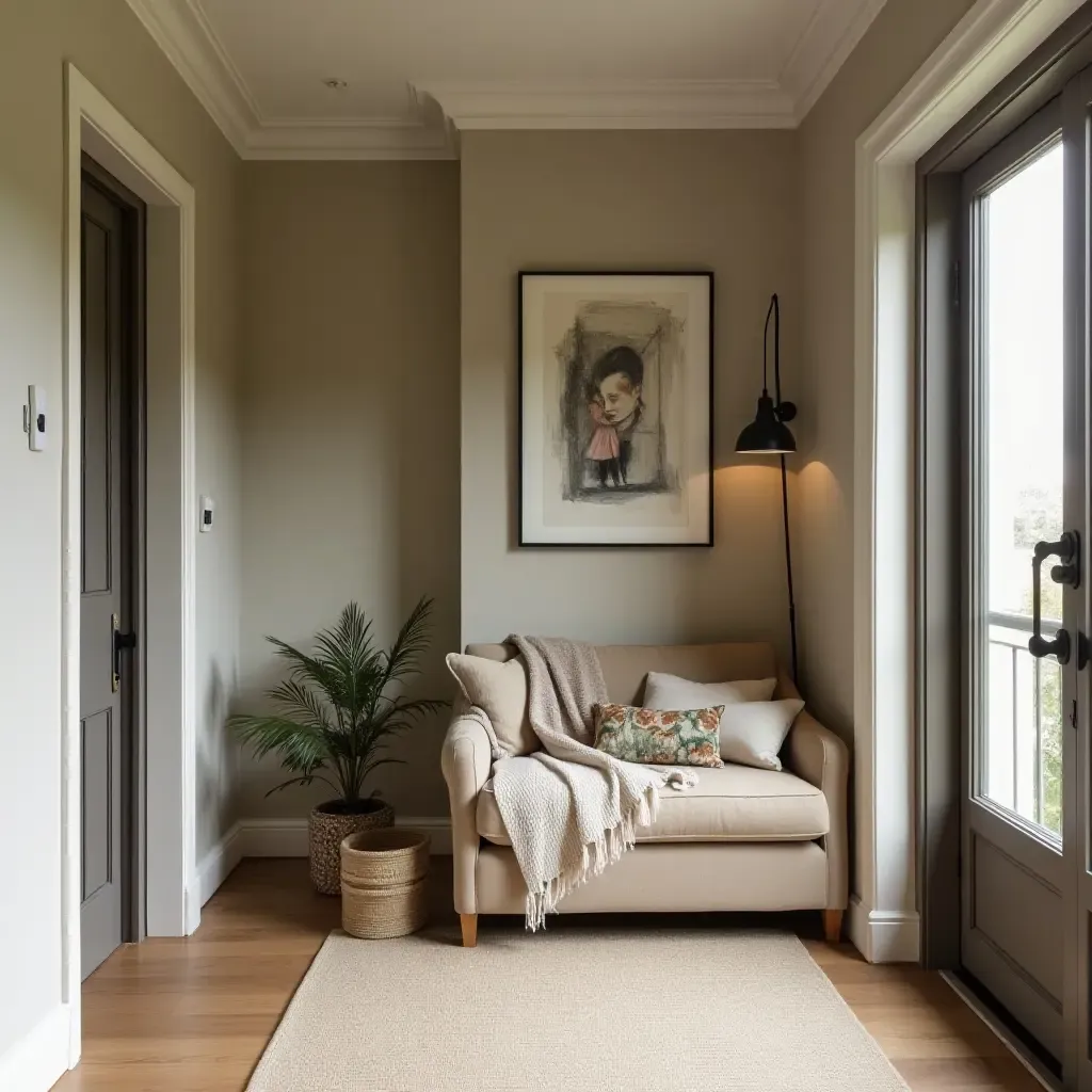 a photo of a cozy reading nook in an entrance hall