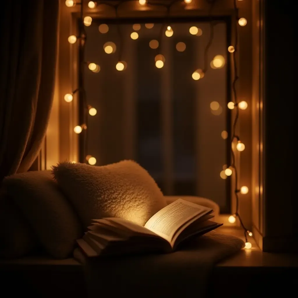 a photo of a cozy reading nook with fairy lights and plush blankets