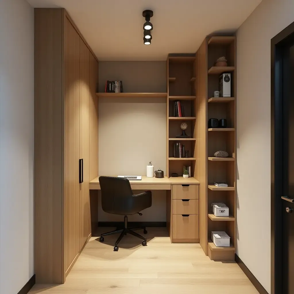 a photo of a cozy corridor with a small desk and creative storage solutions