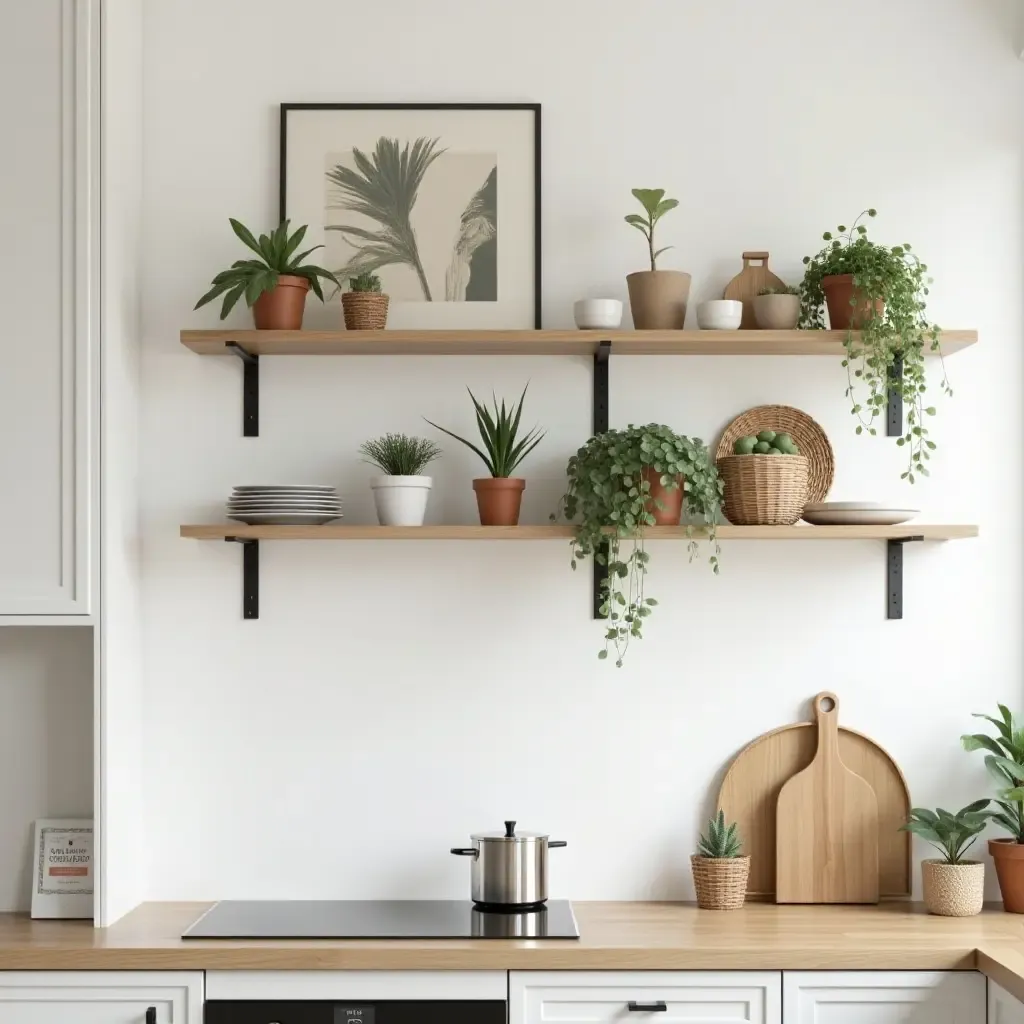 a photo of a decorative shelf with plants and art in a kitchen