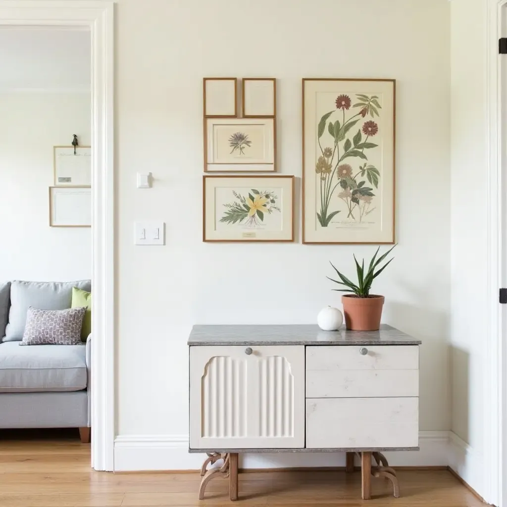 a photo of vintage botanical prints framed in an entryway