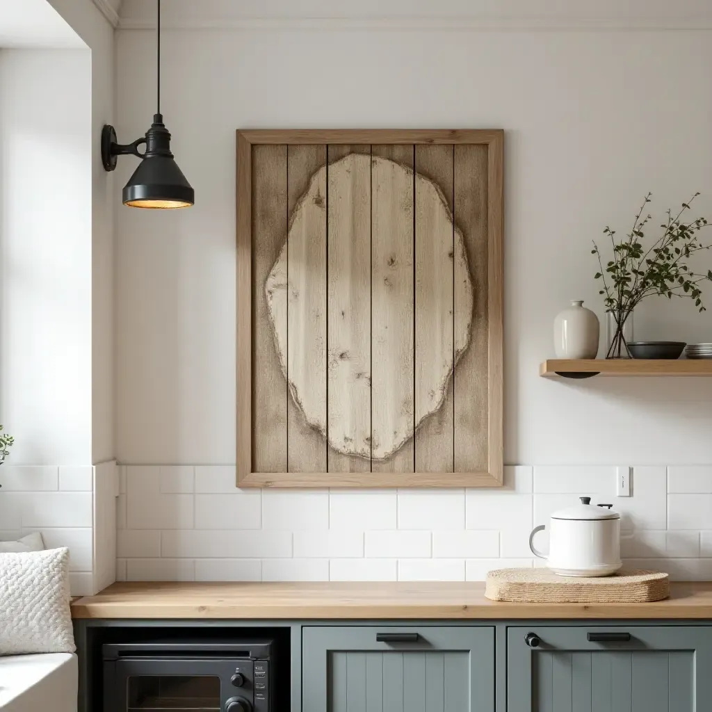 a photo of a rustic wooden wall art piece in a farmhouse kitchen