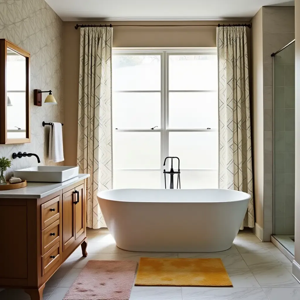 a photo of a bathroom with patterned curtains and colorful rugs