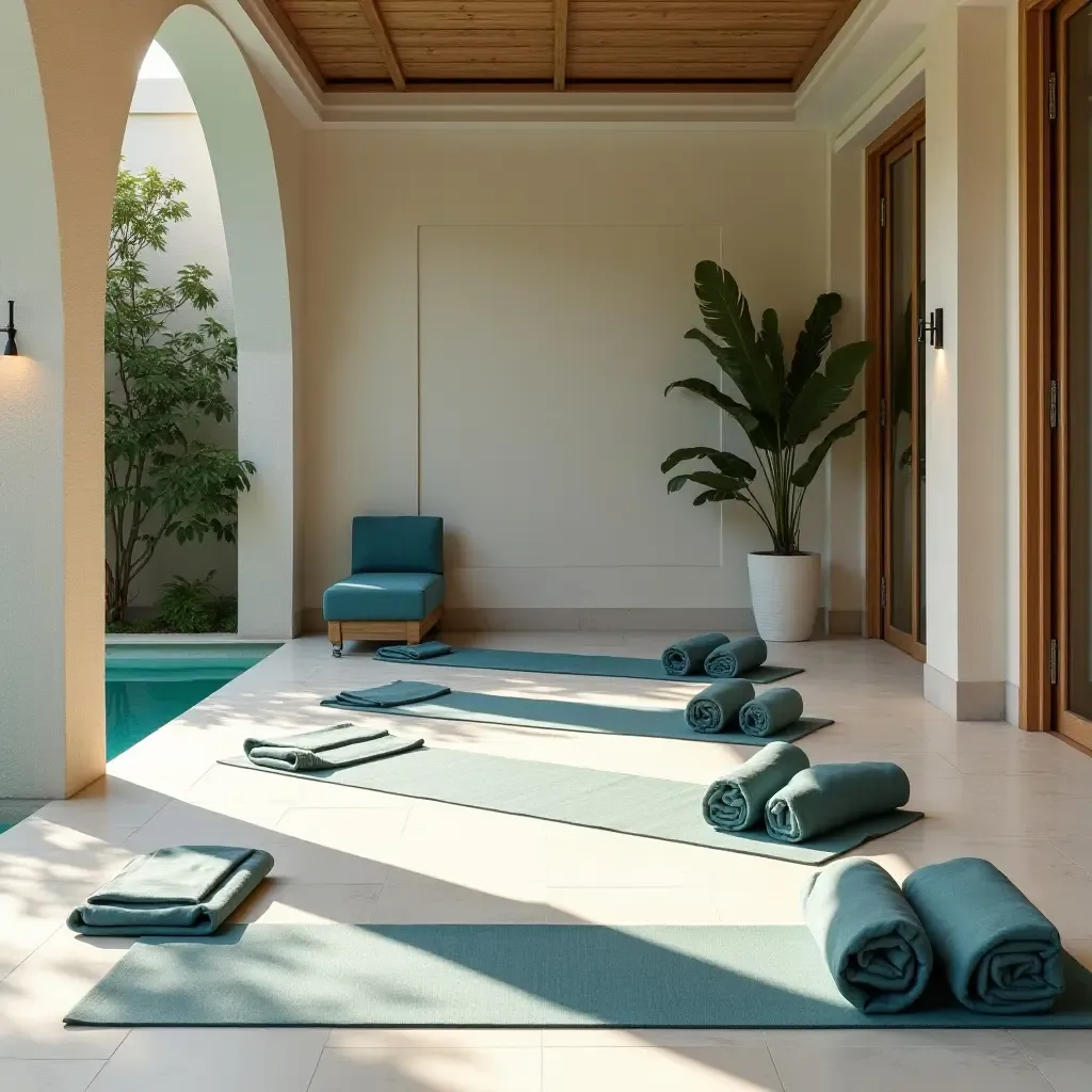 a photo of a poolside yoga space with mats and calming decor