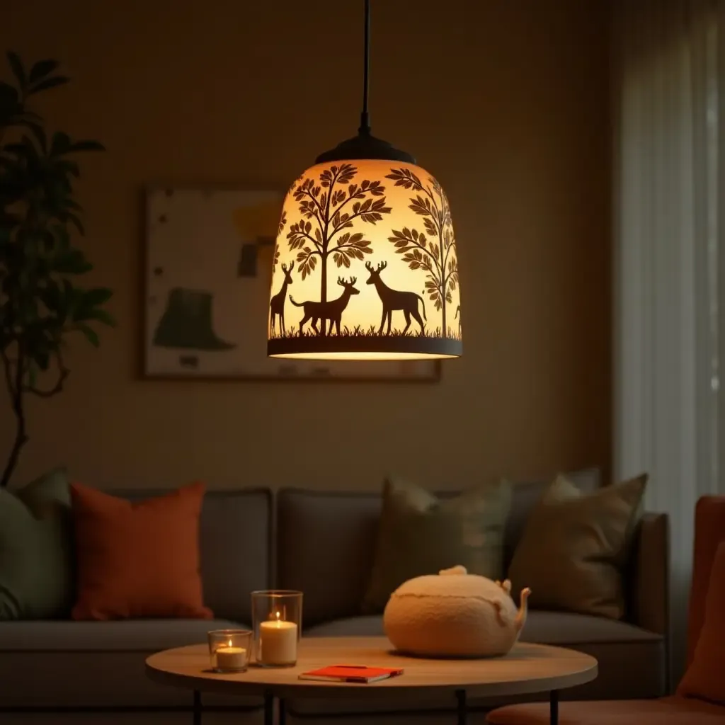 a photo of a pendant light with animal motifs in a safari-themed room