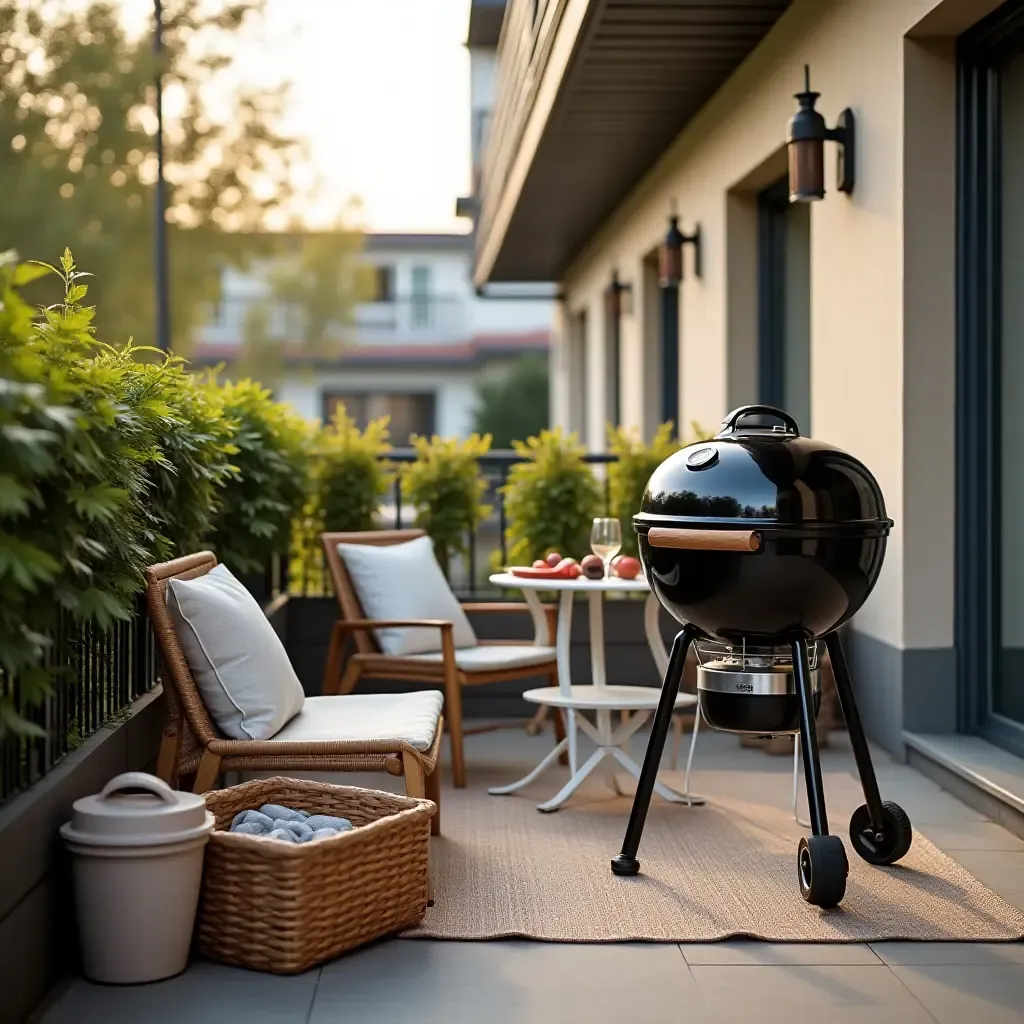 a photo of a balcony with a small barbecue grill and picnic setup