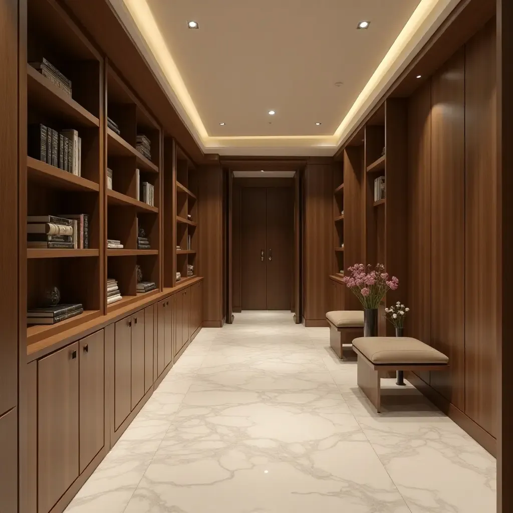 a photo of a luxurious corridor with built-in bookcases for storage