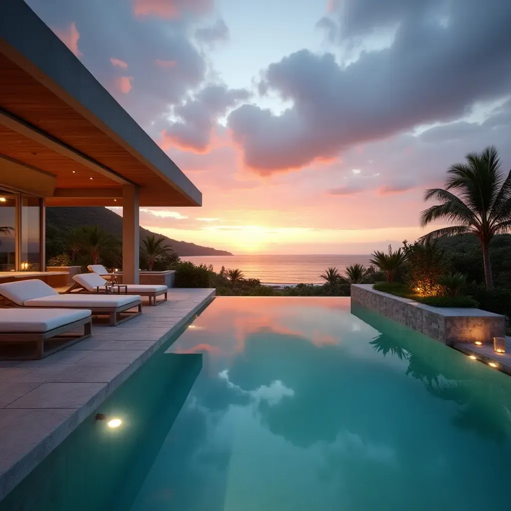 a photo of a stylish poolside lounge with a view of the sunset