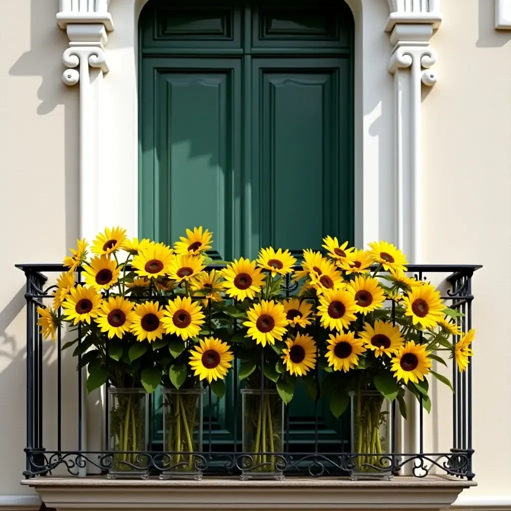 a photo of a balcony featuring a cheerful sunflower display