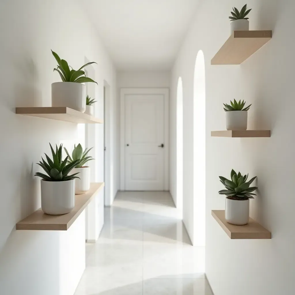 a photo of a minimalist corridor with potted succulents on shelves