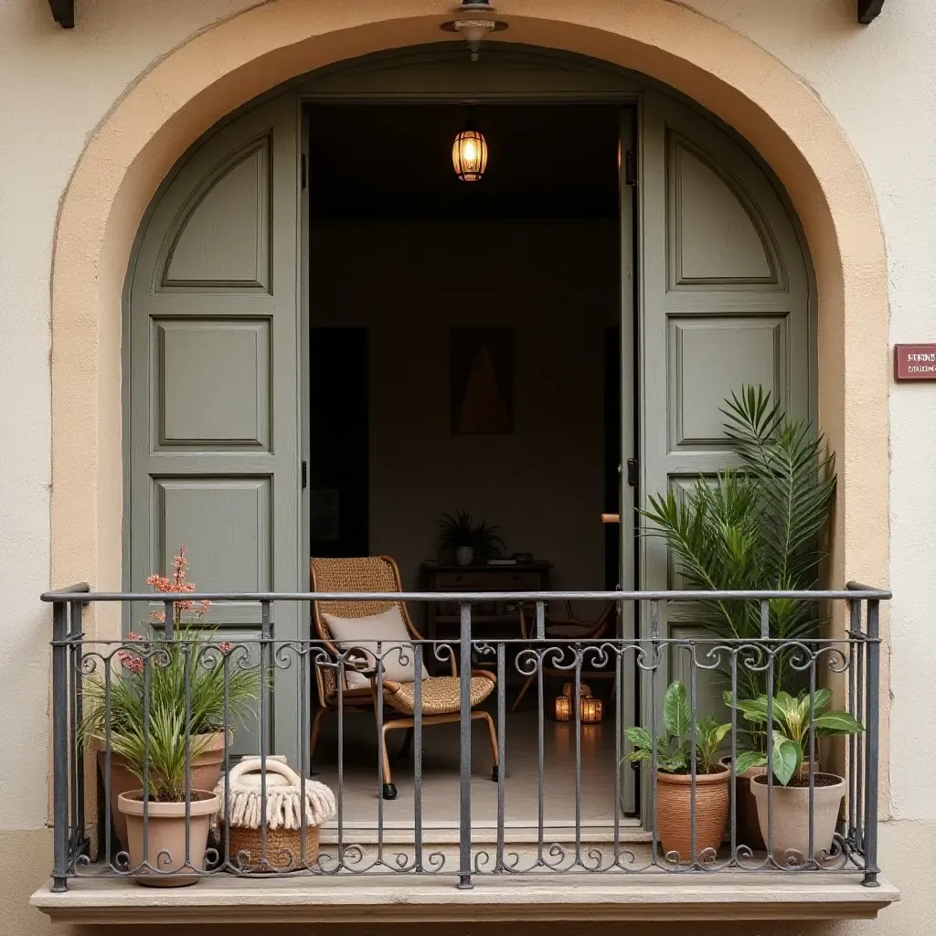 a photo of a balcony adorned with handmade crafts and natural elements