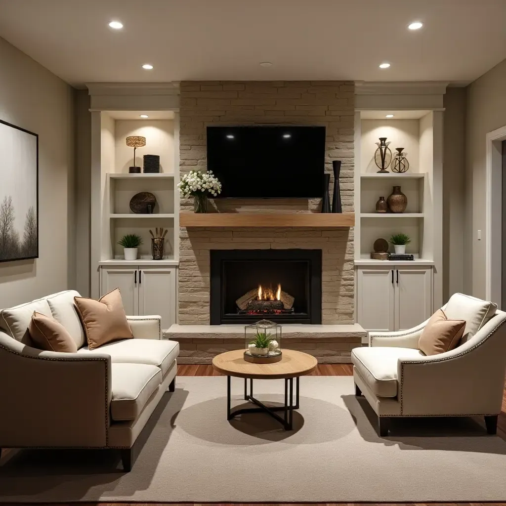 a photo of a chic basement fireplace area with stylish seating and decor