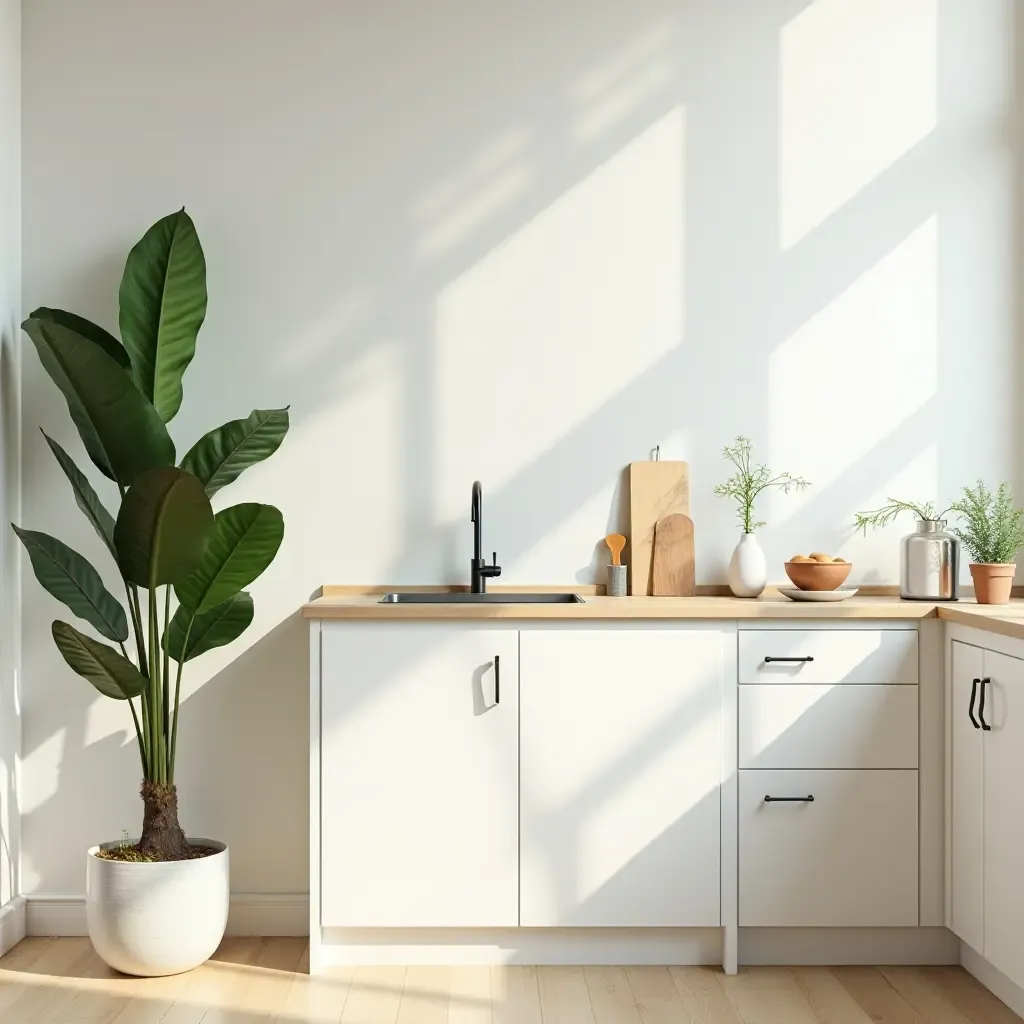 a photo of a bright kitchen with a large leafy plant in a corner