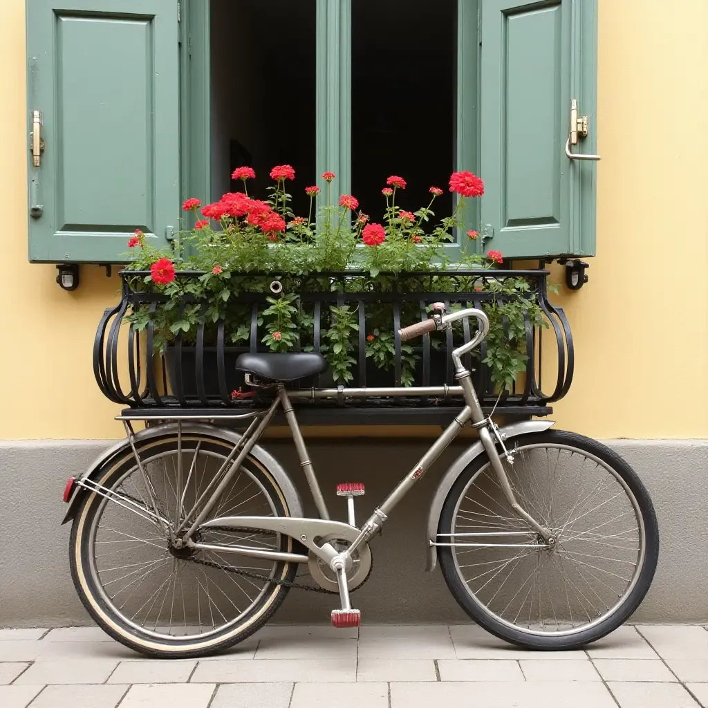 a photo of a vintage bicycle leaning against a balcony railing with flowers