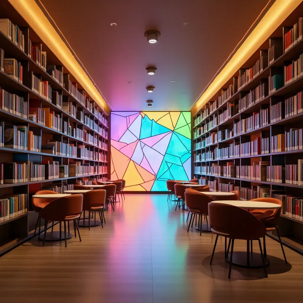 a photo of a library with a colorful geometric art display