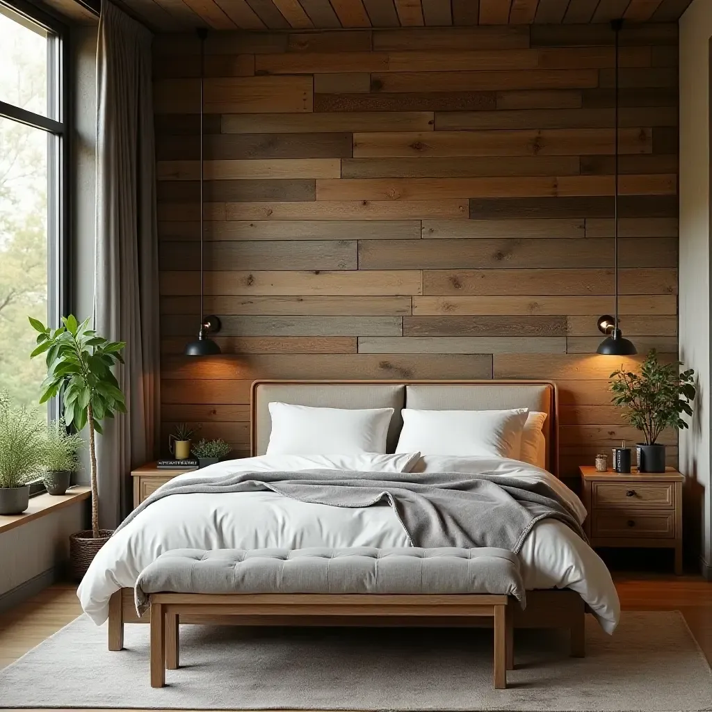 a photo of a rustic bedroom with a reclaimed wood feature wall and greenery