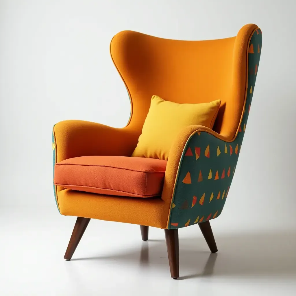 a photo of a colorful accent chair with a retro design