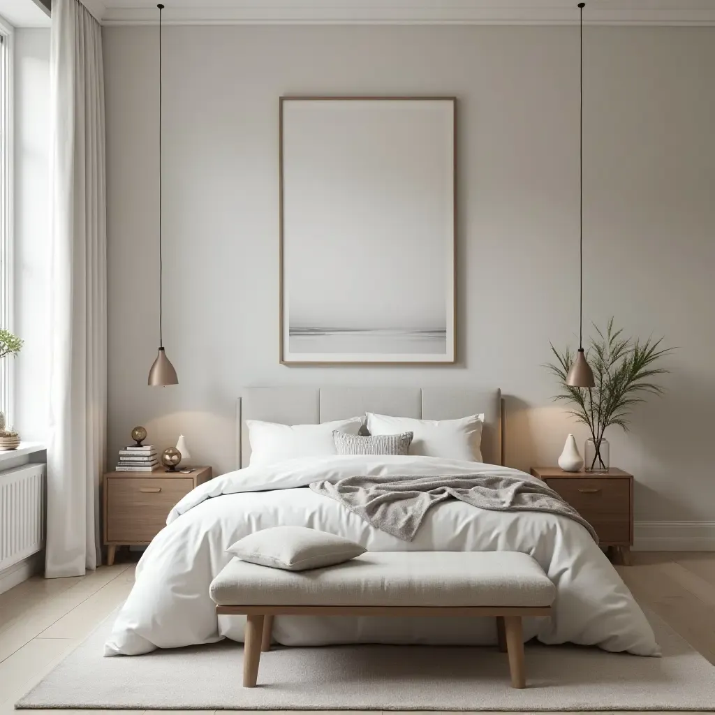 a photo of a stylish bedroom with a simple layout and elegant details