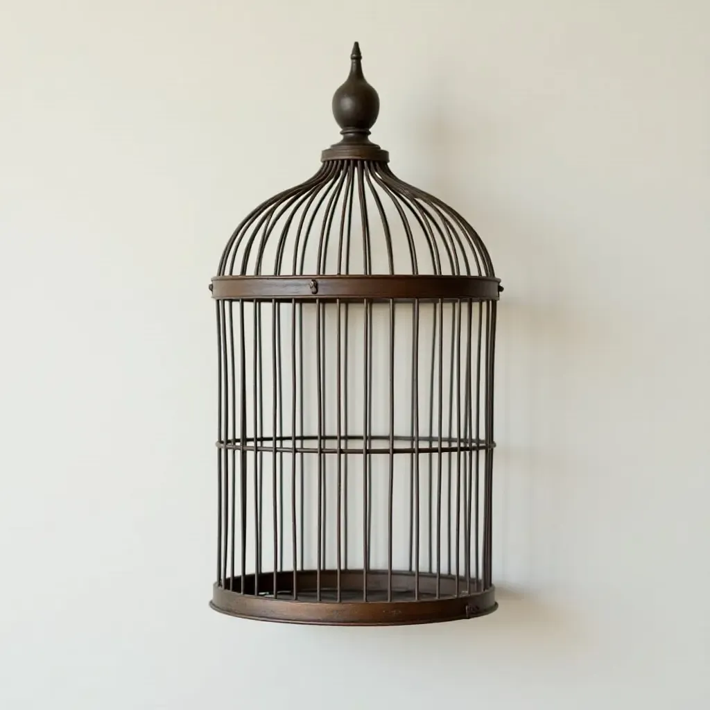 a photo of a vintage birdcage used as wall decor