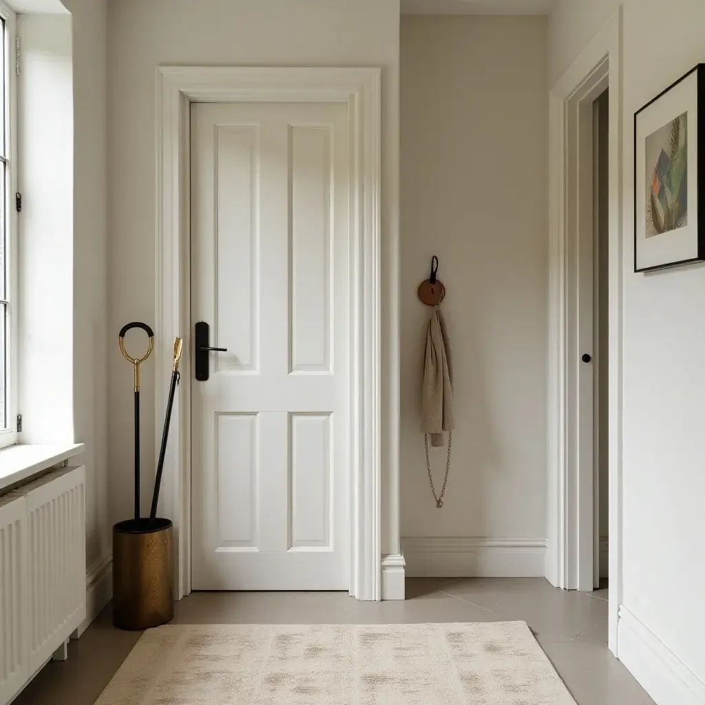 a photo of a chic hallway with a vintage umbrella stand