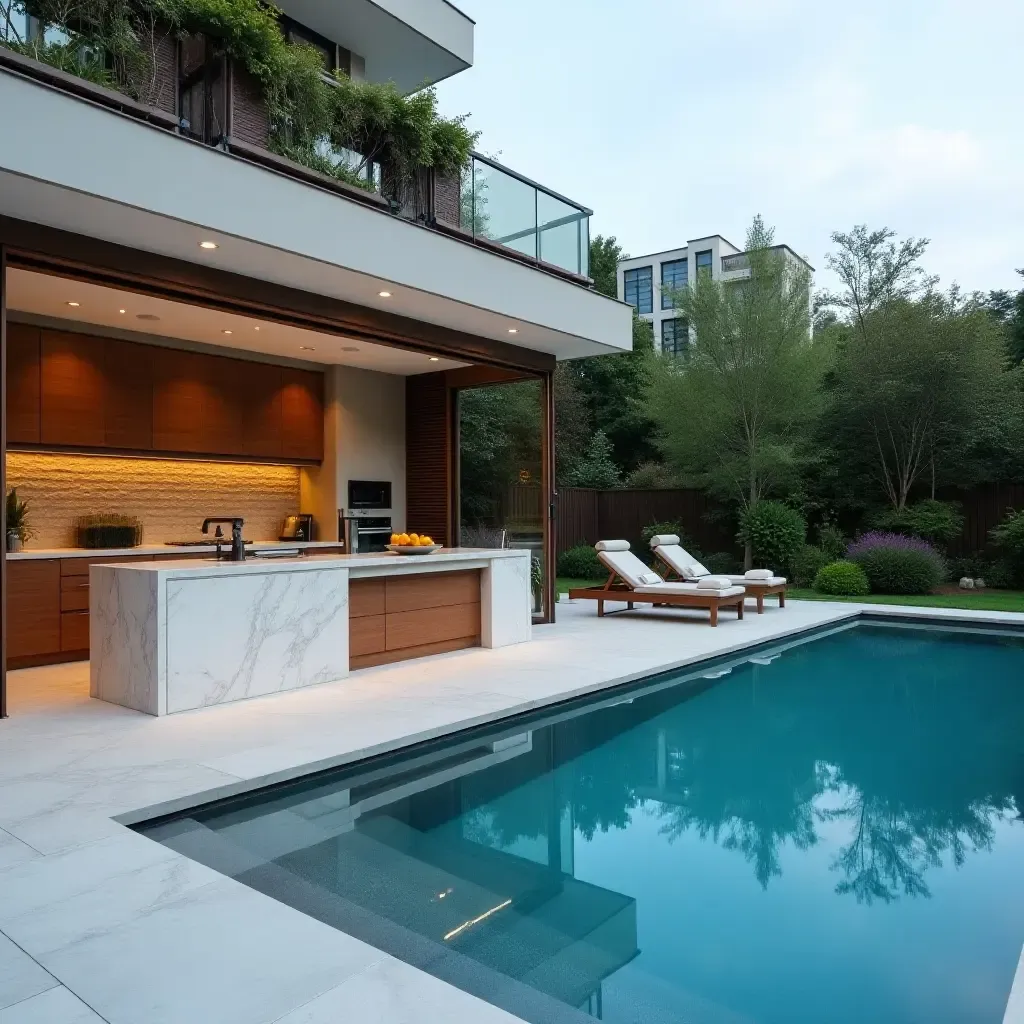 a photo of a modern outdoor kitchen setup next to a luxurious pool