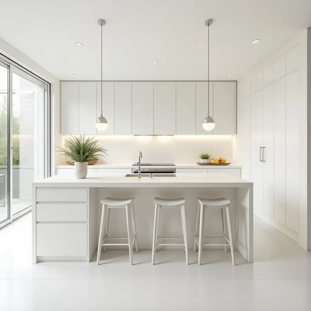 a photo of a bright, airy kitchen featuring a large island and minimalist decor