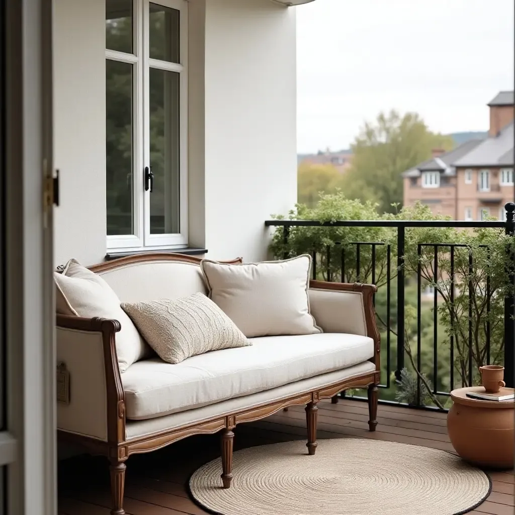 a photo of a balcony featuring a vintage daybed and soft textiles