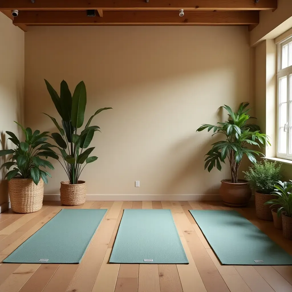 a photo of a basement yoga space with calming colors, plants, and a serene atmosphere