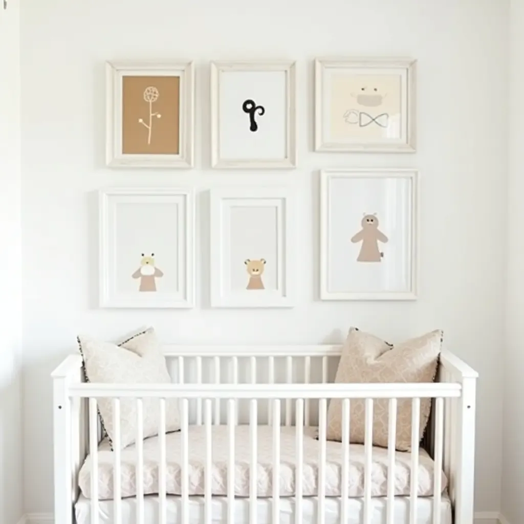 a photo of a nursery gallery wall with a mix of frames and art styles