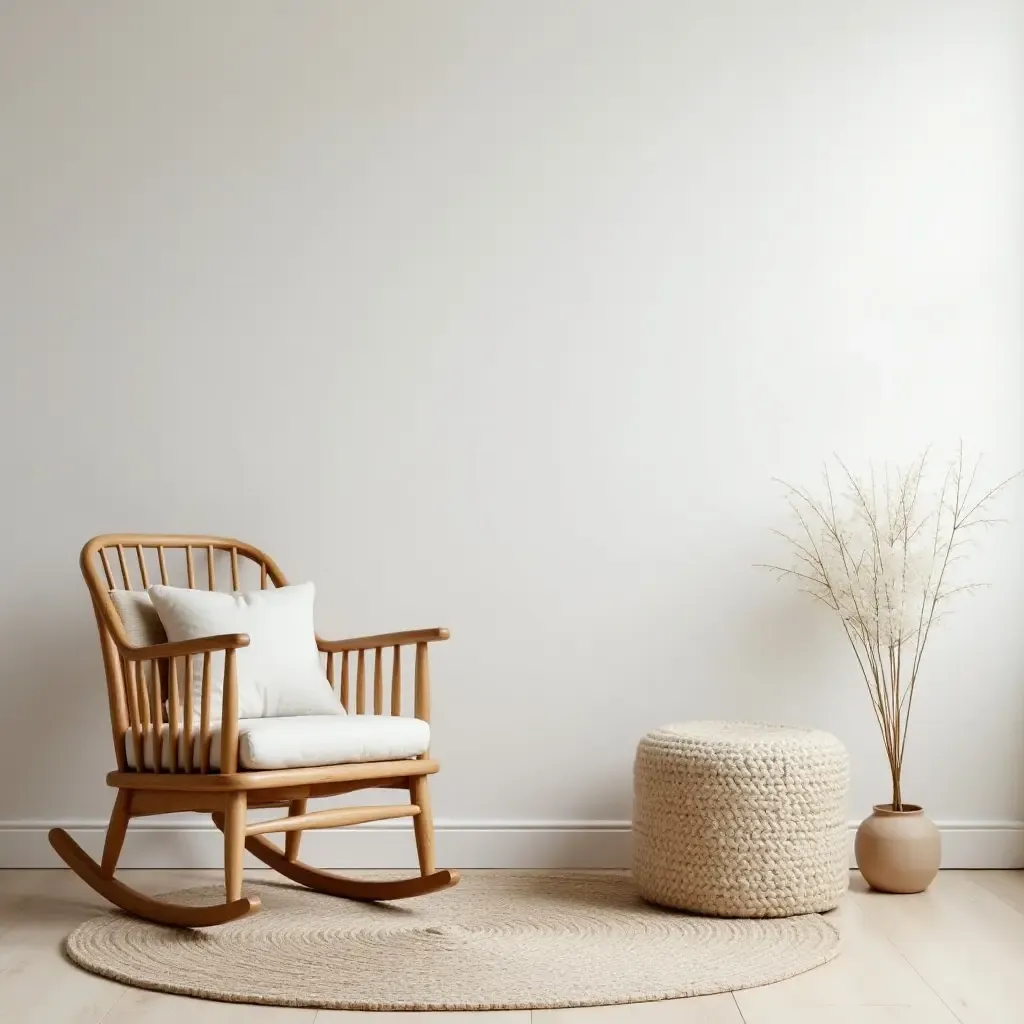 a photo of a nursery with a wooden rocking chair and fabric accents