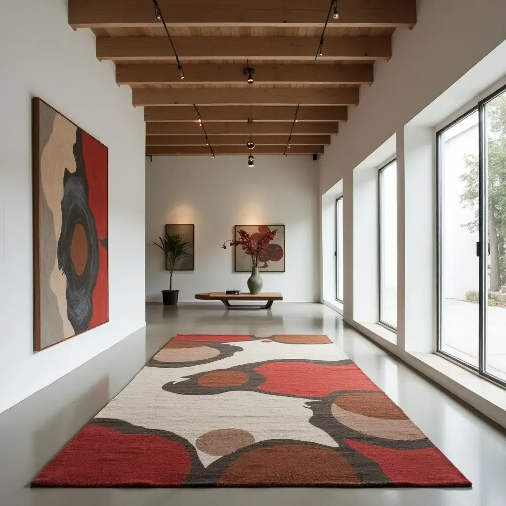 a photo of a bold, contemporary art rug in a modern gallery-like space