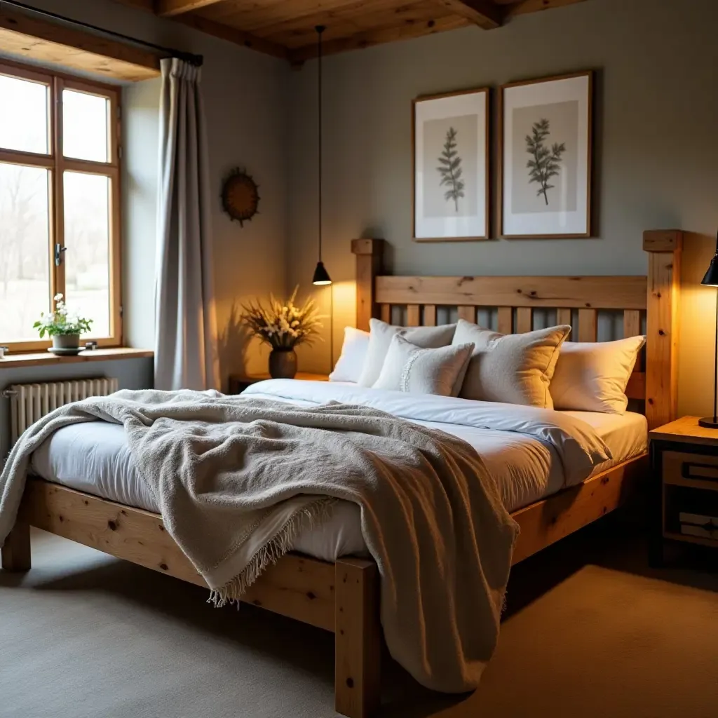 a photo of a bedroom with a rustic wooden bed and cozy blankets