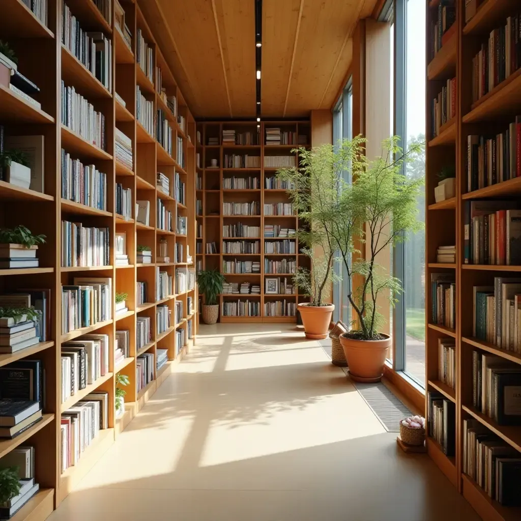 a photo of a library featuring an open-concept shelving design and natural light