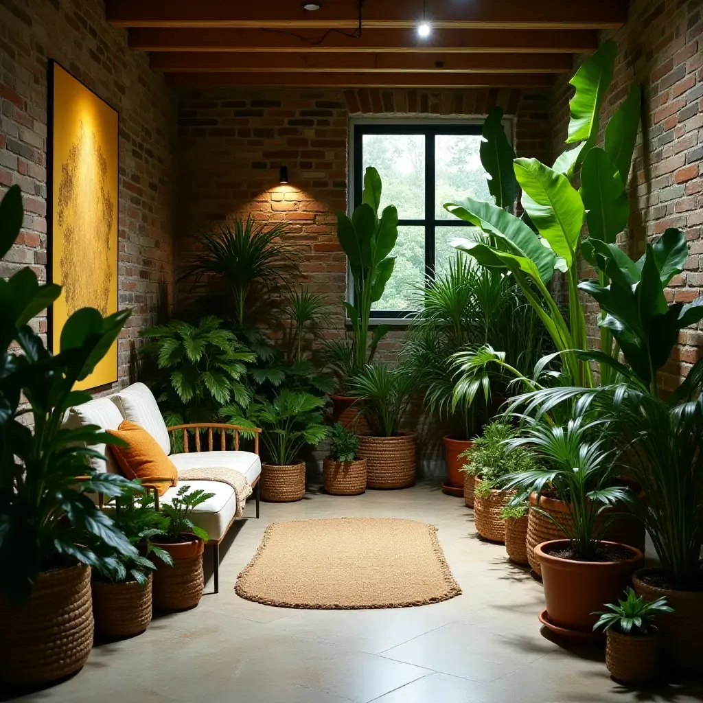 a photo of a basement with a tropical theme and large plants