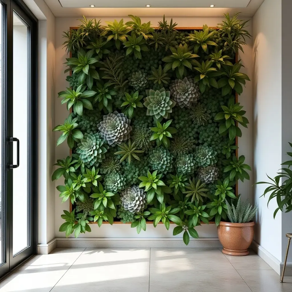 a photo of a chic vertical garden wall with a variety of succulents in a hallway