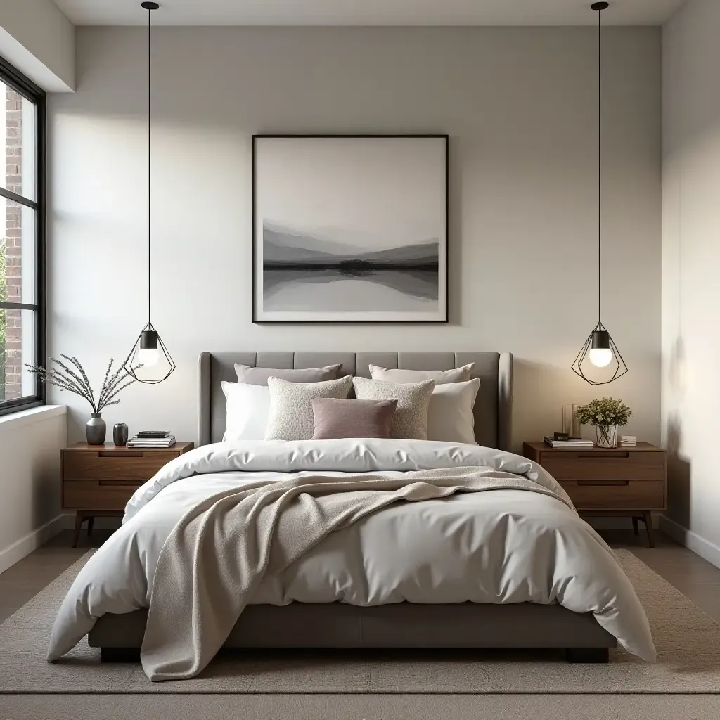 a photo of a stylish loft bedroom with modern throw pillows