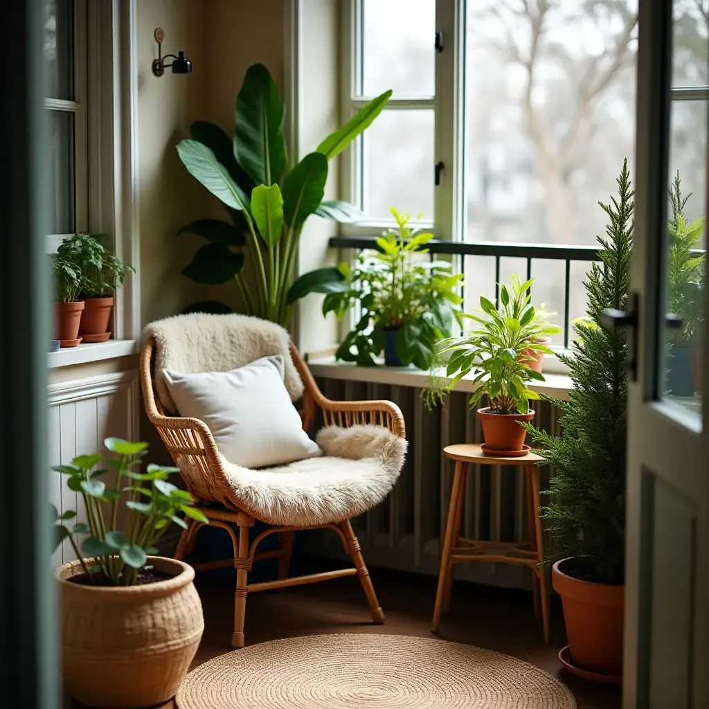 a photo of a small balcony featuring a cozy reading corner among plants