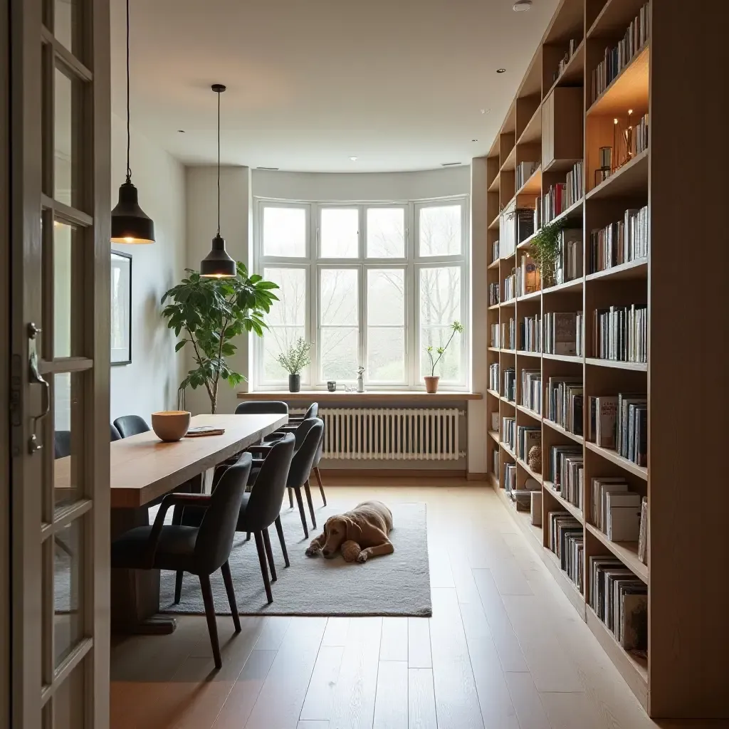 a photo of a light-filled library with Scandinavian-style pendant lighting