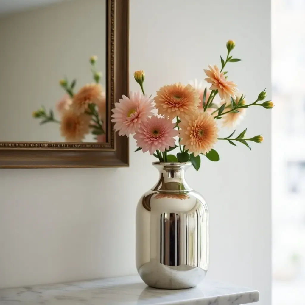 a photo of a mirrored vase with fresh flowers on a mantel