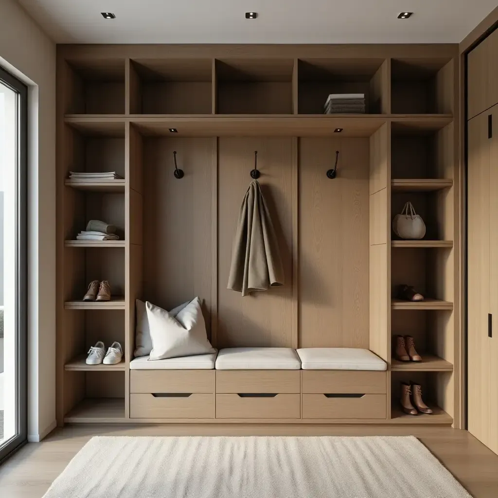 a photo of a chic entryway with a combination of open and closed storage