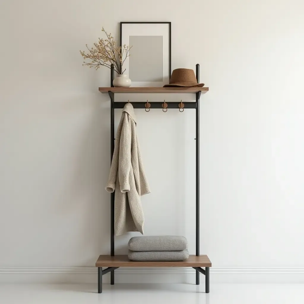 a photo of a stylish coat rack with wall art above it