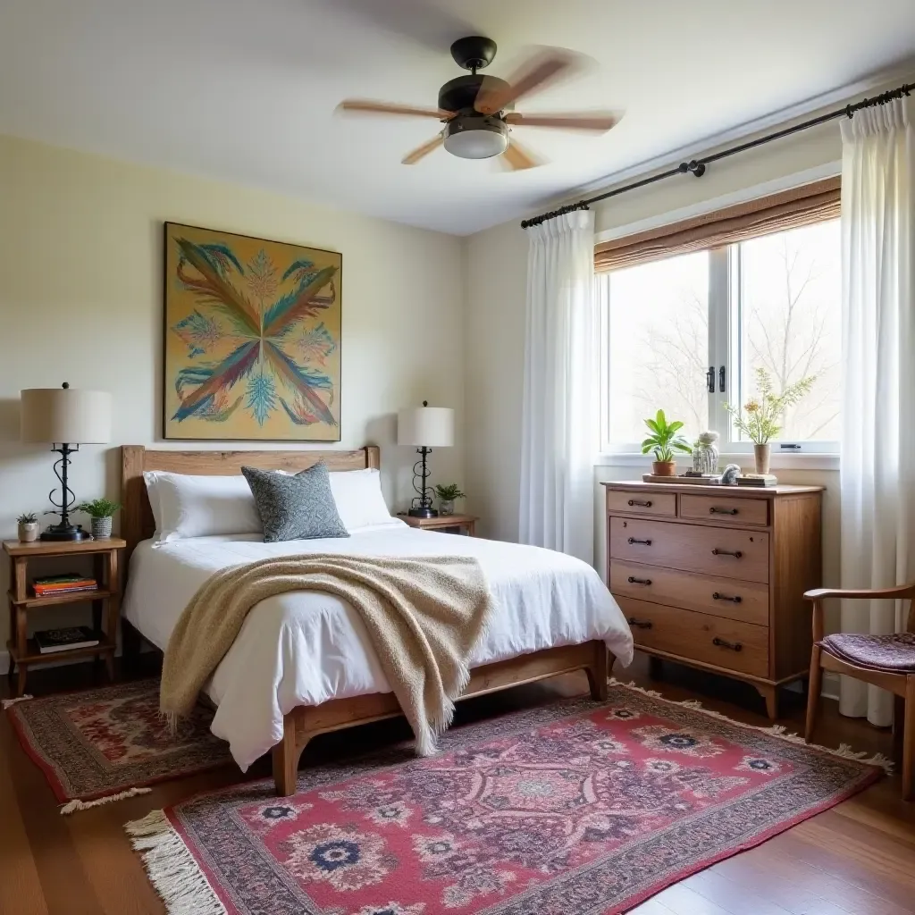 a photo of an eclectic bedroom featuring a reclaimed wood dresser and patterned rugs