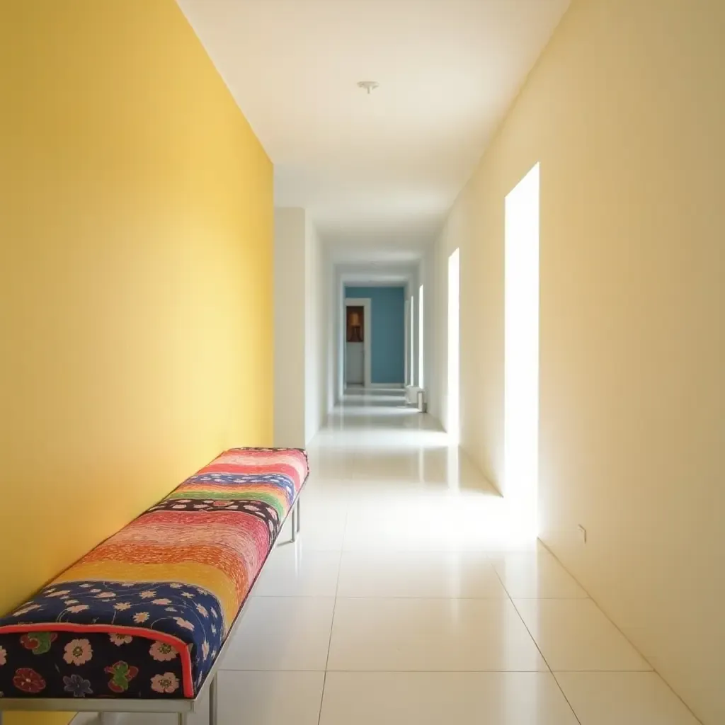 a photo of a colorful patterned bench in a bright corridor