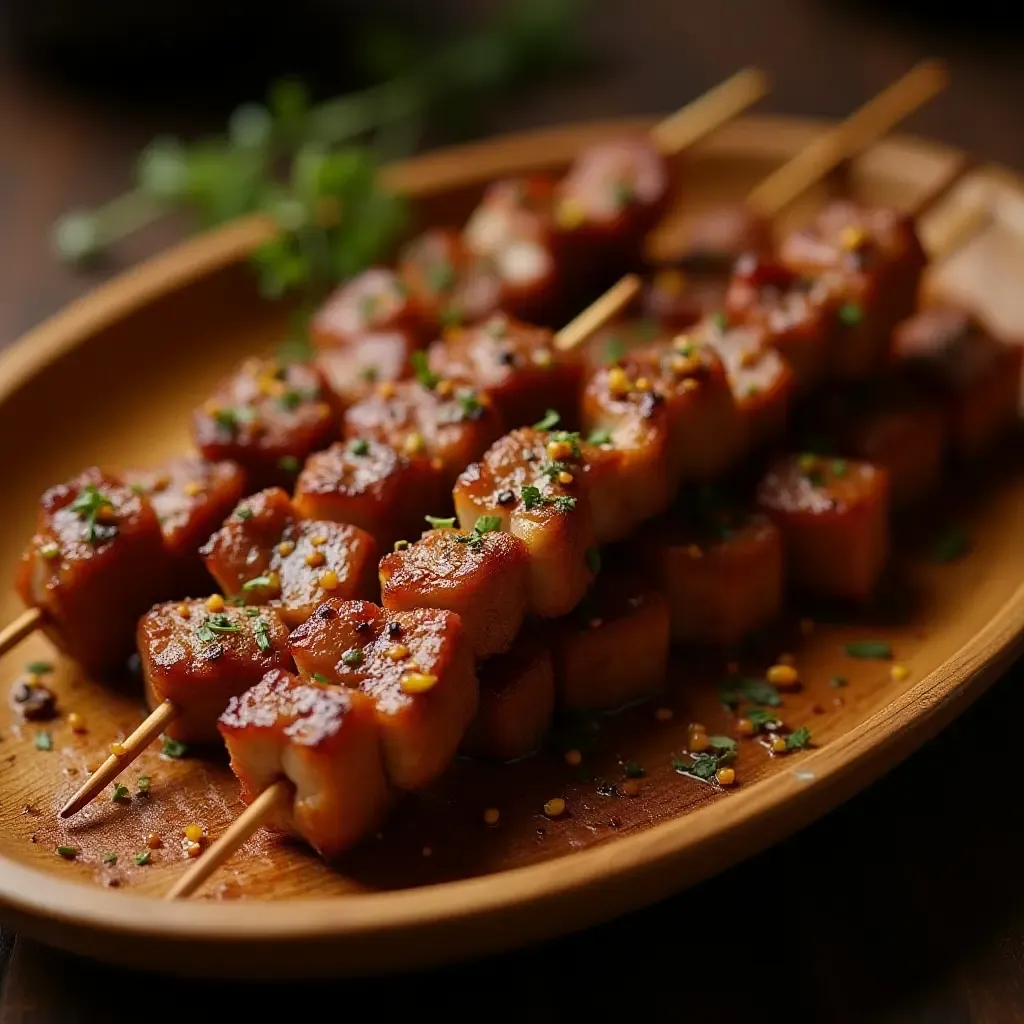 a photo of aromatic Xinjiang lamb skewers with cumin and spices.