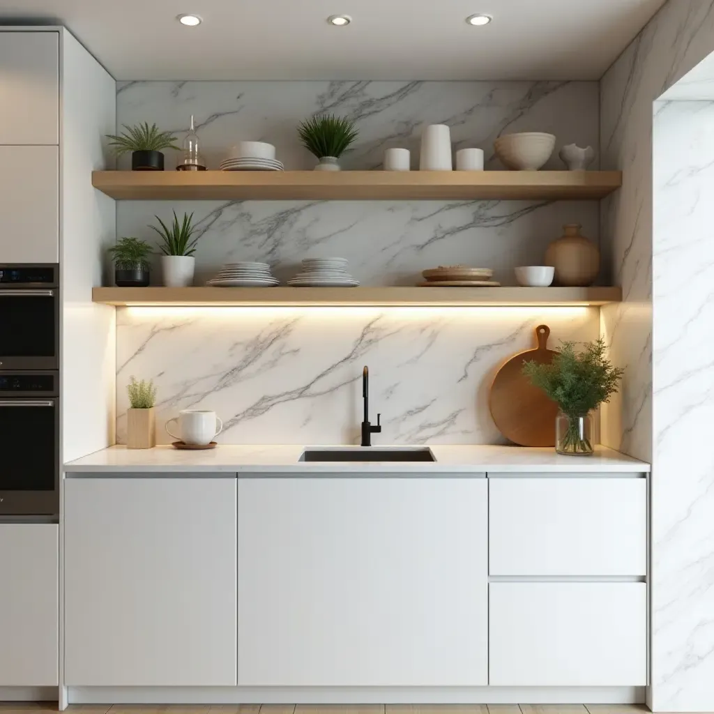 a photo of a modern kitchen with minimalistic open shelves and stylish decor