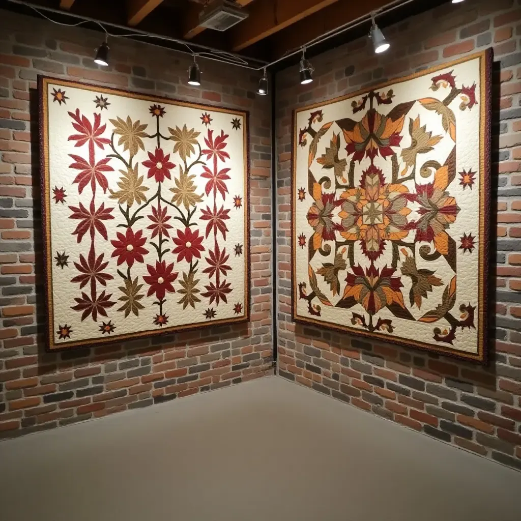 a photo of a basement wall showcasing a collection of handmade quilts