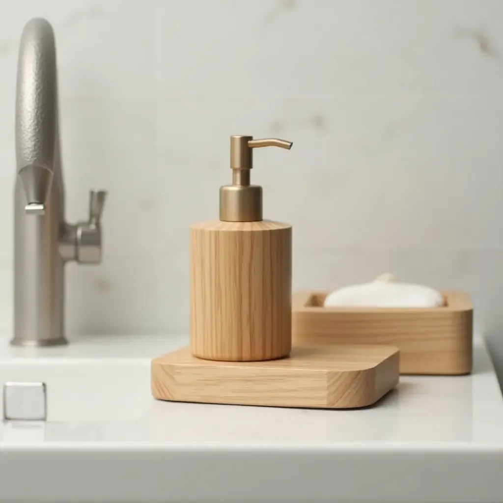 a photo of a wooden soap dispenser and matching accessories on a sink