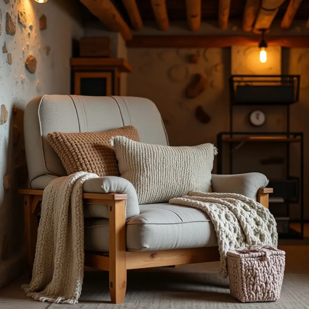 a photo of a rustic basement with knitted throw pillows on a wooden chair