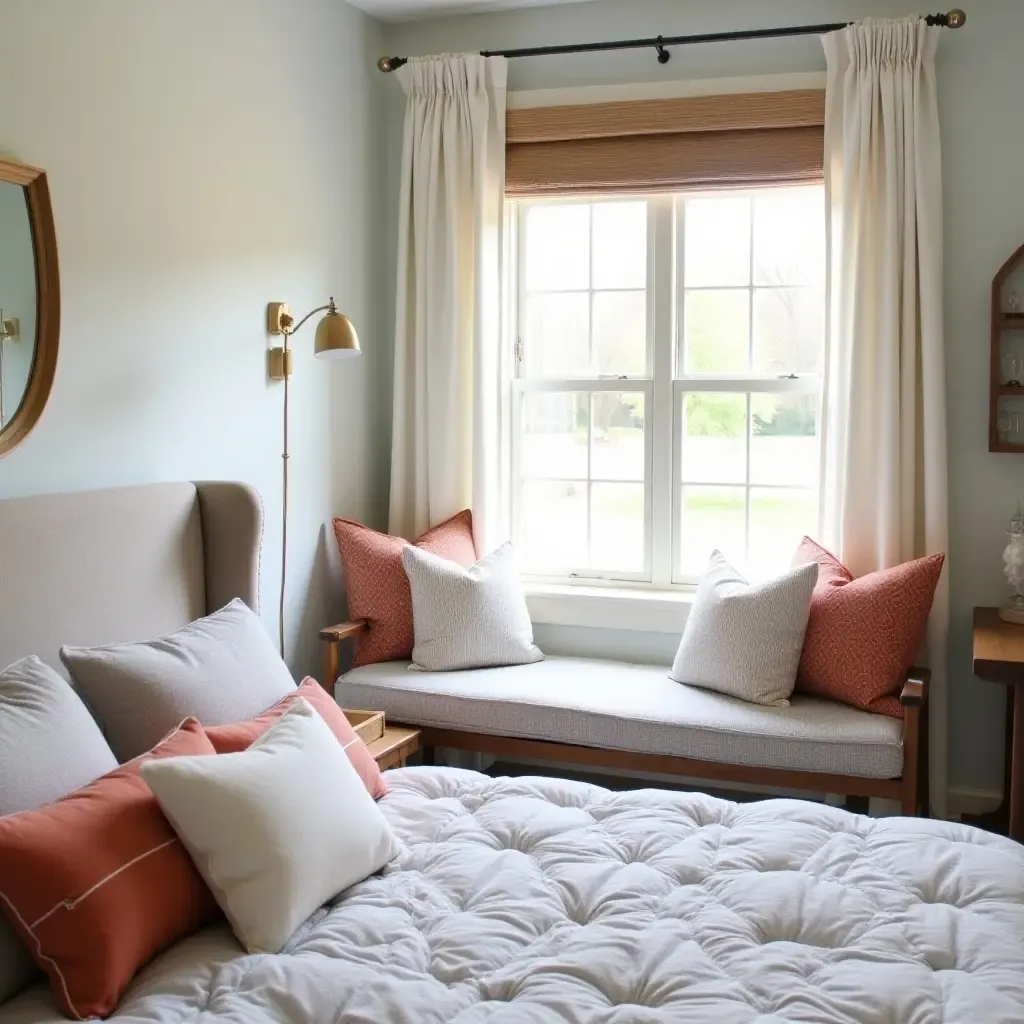 a photo of a comfortable reading nook in a farmhouse-style teen bedroom